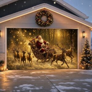 Christmas garage door mural, Santa in sleigh with reindeer, festive holiday outdoor decoration.