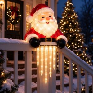 Lighted Santa Claus porch decoration, red and white plastic, with glowing icicle lights, for outdoor Christmas decor.