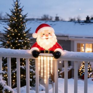 Lighted Santa Claus Outdoor Decoration With Red Suit, White Beard, And Icicle Lights, For Festive Porch Railing Display.