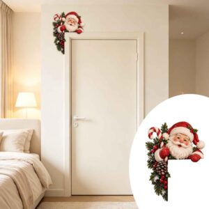 Christmas Santa Claus Peeking Door Corner Decoration, Red And White Resin, Festive Home Decor.