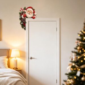 Red And White Resin Santa Claus Door Corner Decoration With Candy Cane, Pinecones, And Berries For Christmas Decor.