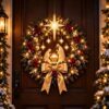 Lighted Christmas Nativity wreath with green pine, red berries, gold bow, and star, for festive door decor.