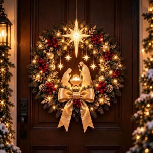 Lighted Christmas Nativity wreath with green pine, red berries, gold bow, and star, for festive door decor.