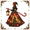 Christmas Elf Figurine, Green/Red Dress With Tree/Snowflake Patterns, Holding Lantern &Amp; Candy Cane. Holiday Decor.