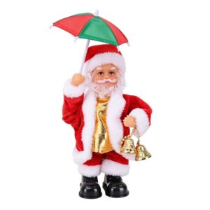 Dancing Santa Claus Doll With Red/White Suit, Gold Shirt, Holding Red/Green Umbrella &Amp; Gold Bells. Christmas Decor.