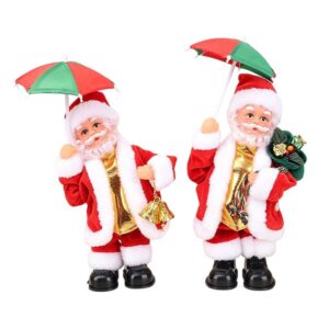 Dancing Santa Claus Figures, Red/White Fabric, Plastic, With Green/Red Umbrella, Bells, And Gift Bag. Christmas Decor.