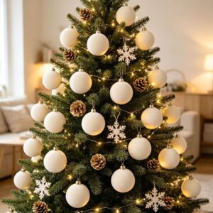 Flocked white Christmas ornaments, round velvet balls for festive tree decoration.