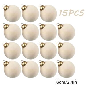 15Pcs 6Cm/2.4In White Flocked Plastic Christmas Ornaments With Gold Caps For Holiday Tree Decoration