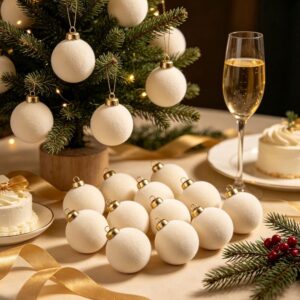 White Flocked Christmas Ornaments, Round, With Gold Caps For Festive Tree Decoration.