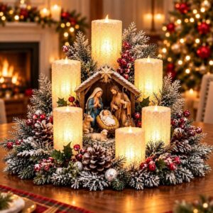 Frosted pine & berry Christmas nativity scene centerpiece with 7 LED candles, ideal for festive home decor.