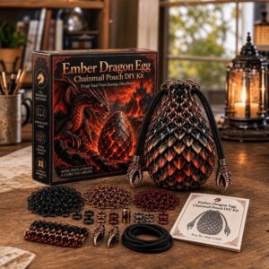 Ember Dragon Egg Chainmail Pouch DIY Kit. Black/copper metal scales, drawstring, claw accents. For dice/gaming.