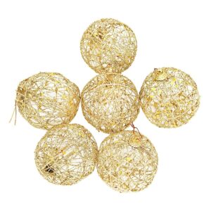 Set of 6 gold glitter string ball Christmas ornaments, perfect for festive tree decoration.