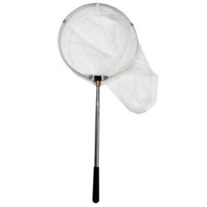 Telescopic butterfly net with round metal frame, white mesh, and black handle for catching insects.