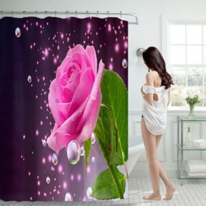 Floral Shower Curtain 70X70&Quot; With Hooks – Sumo Deals Polyester Shower Curtain, Dark Purple With Large Pink Rose, Green Leaves, Water Drops, And Sparkling Lights For Bathroom