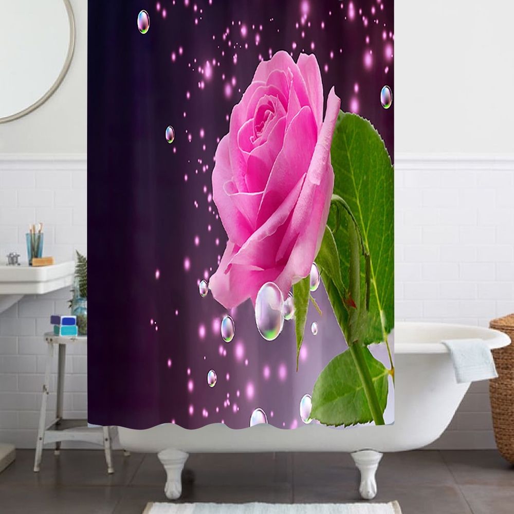 Floral Shower Curtain 70X70&Quot; With Hooks – Sumo Deals Polyester Shower Curtain, Dark Purple With Large Pink Rose, Green Leaves, And Sparkling Bubbles, For Bathroom Decor.