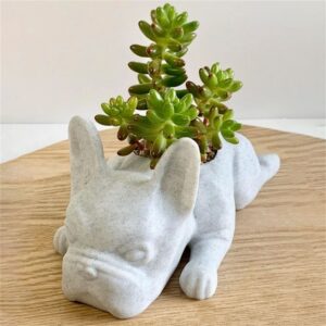 French Bulldog Planter | Cute Resin Dog Pot – Sumo Deals French Bulldog Succulent Planter, Light Gray Speckled Concrete, For Indoor Plant Decor.