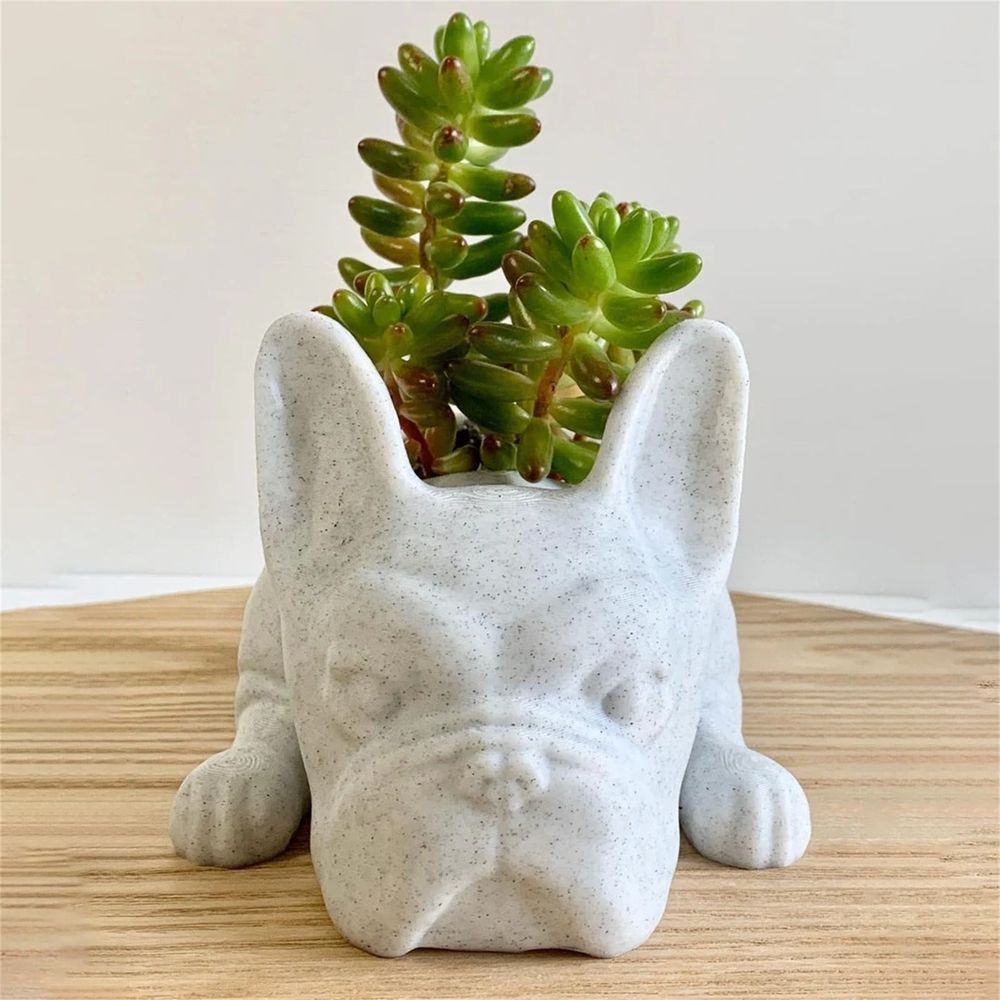 French Bulldog Planter | Cute Resin Dog Pot – Sumo Deals Gray Speckled Ceramic French Bulldog Planter With Green Succulent, Perfect For Home Decor.