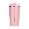 Pink stainless steel travel coffee mug with "COFFEE" text, flip-top lid, and silver rim for hot beverages.