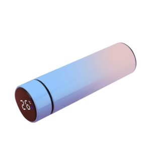 Stainless steel smart thermos bottle, blue to pink gradient, with digital temperature display for drinks.