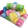 Multicolor striped microfiber cleaning cloths, soft and absorbent, for kitchen and household cleaning.