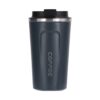 Dark blue stainless steel travel coffee mug with black lid and "COFFEE" text, for hot beverages on the go.