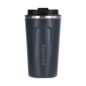 Dark blue stainless steel travel coffee mug with black lid and "COFFEE" text, for hot beverages on the go.