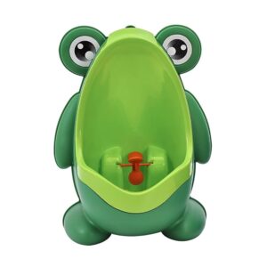 Green plastic frog-shaped urinal for boys, with large eyes and an orange spinning target, for potty training.