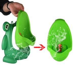 Green Plastic Frog-Shaped Toddler Urinal With Spinning Target, For Potty Training Boys.