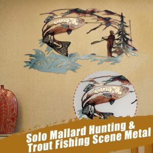 Metal Trout Fishing Scene Wall Art, Rustic Brown/Silver, Featuring A Jumping Fish, Fisherman, And Trees, For Home Decor.