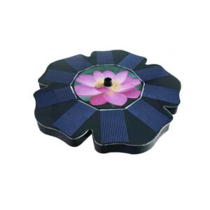Black Plastic Solar-Powered Floating Fountain Pump With Blue Solar Panels And A Pink Lotus Design For Ponds.