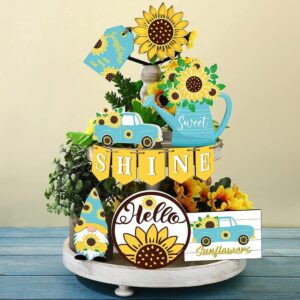 Wooden sunflower tiered tray decor set with blue truck, gnome, watering can, and "SHINE" banner for home display.