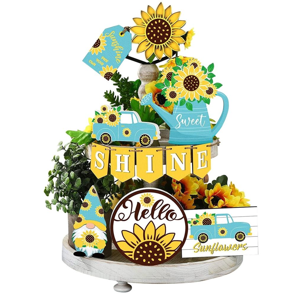 Summer Tier Tray Decor Set | Hello Summer Farmhouse Style – Sumo Deals Wooden Sunflower Tiered Tray Decor Set With Blue Truck, Watering Can, Gnome, And &Quot;Shine&Quot; Banner For Home.