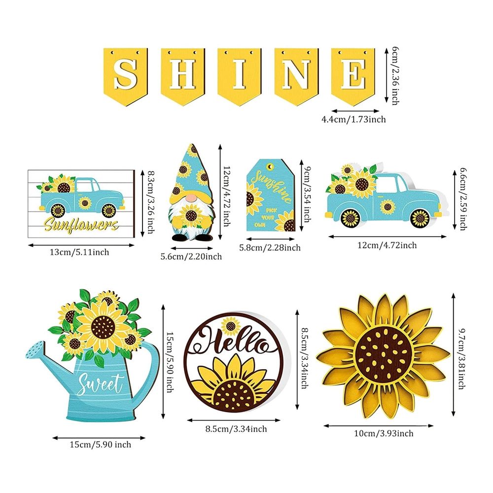 Summer Tier Tray Decor Set | Hello Summer Farmhouse Style – Sumo Deals Wooden Sunflower-Themed Decor Set: &Quot;Shine&Quot; Banner, Gnome, Truck, Watering Can, &Quot;Hello&Quot; Sign, For Home/Garden.