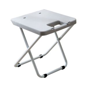 Light gray plastic folding stool with metal legs, built-in handle, for portable seating.