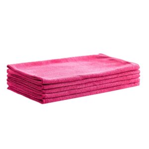 Stack of 5 folded hot pink microfiber cleaning cloths, soft texture for household cleaning or car detailing.