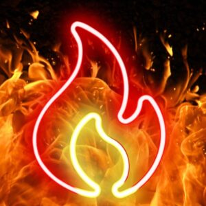 Red and yellow neon flame sign, glowing LED light art for vibrant wall decor or business signage.