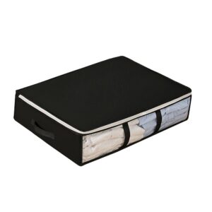 Black fabric under-bed storage bag with clear window, white trim, and handles for clothes/bedding organization.