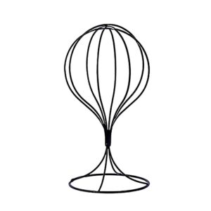 Black metal wire wig stand, balloon-shaped top, round base, for displaying and storing wigs.