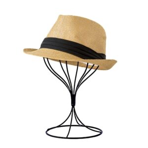 Light Brown Straw Fedora Hat With Black Band On Black Wire Display Stand For Stylish Headwear.