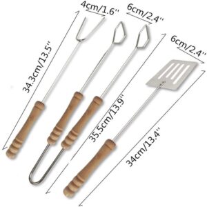 4-piece stainless steel BBQ tool set with wooden handles, including skewers and spatula, for grilling and camping.