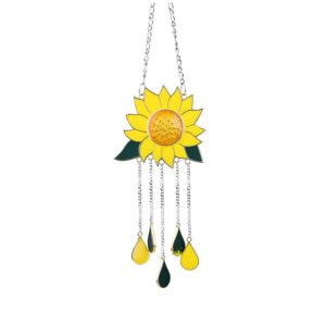 Stained glass sunflower suncatcher with yellow petals, green leaves, and dangling yellow/green teardrop charms for windo