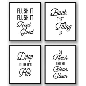 Set of 4 black and white framed bathroom wall art prints with funny quotes, perfect for home decor.