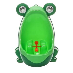 Green frog-shaped plastic potty training urinal for boys with a red spinning target.