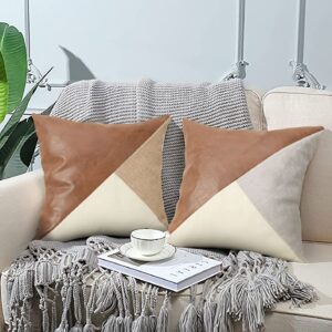Linen & Grey Mixed Leather Splicing Pillow Covers 2Pcs 45x45cm Decor Cushion Shell for Sofa Couch Ch product image