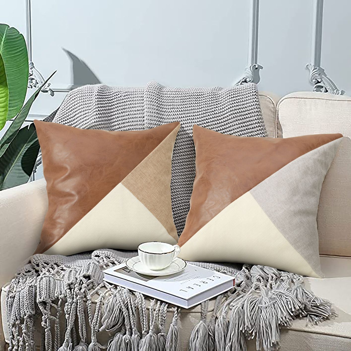 Grey Leather Splicing Pillow Covers 45X45Cm (4-Pack) – Sumo Deals 4Pcs Grey Leather Splicing Throw Pillow Covers 45X45Cm Decorative Cushion Case For Living Room Vehic Product Image