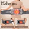 Gray lumbar support belt with 4 built-in bars, elastic straps, and red heating pads for back pain relief.