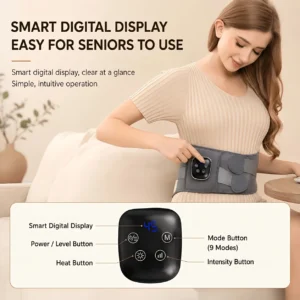 Gray Fabric Back Massager Belt With Black Digital Display Controller For Pain Relief.