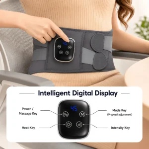 Gray Lumbar Massage Belt With Digital Display, Worn By A Woman For Back Pain Relief.