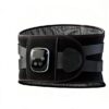 Black neoprene back support belt with digital control panel for pain relief.