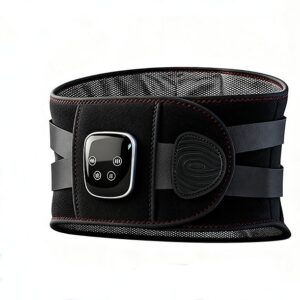 Black neoprene back support belt with digital control panel for pain relief.